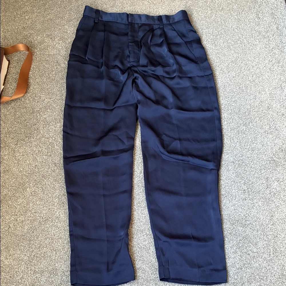 Jason Wu Navy High-Rise Tapered Satin Trousers
